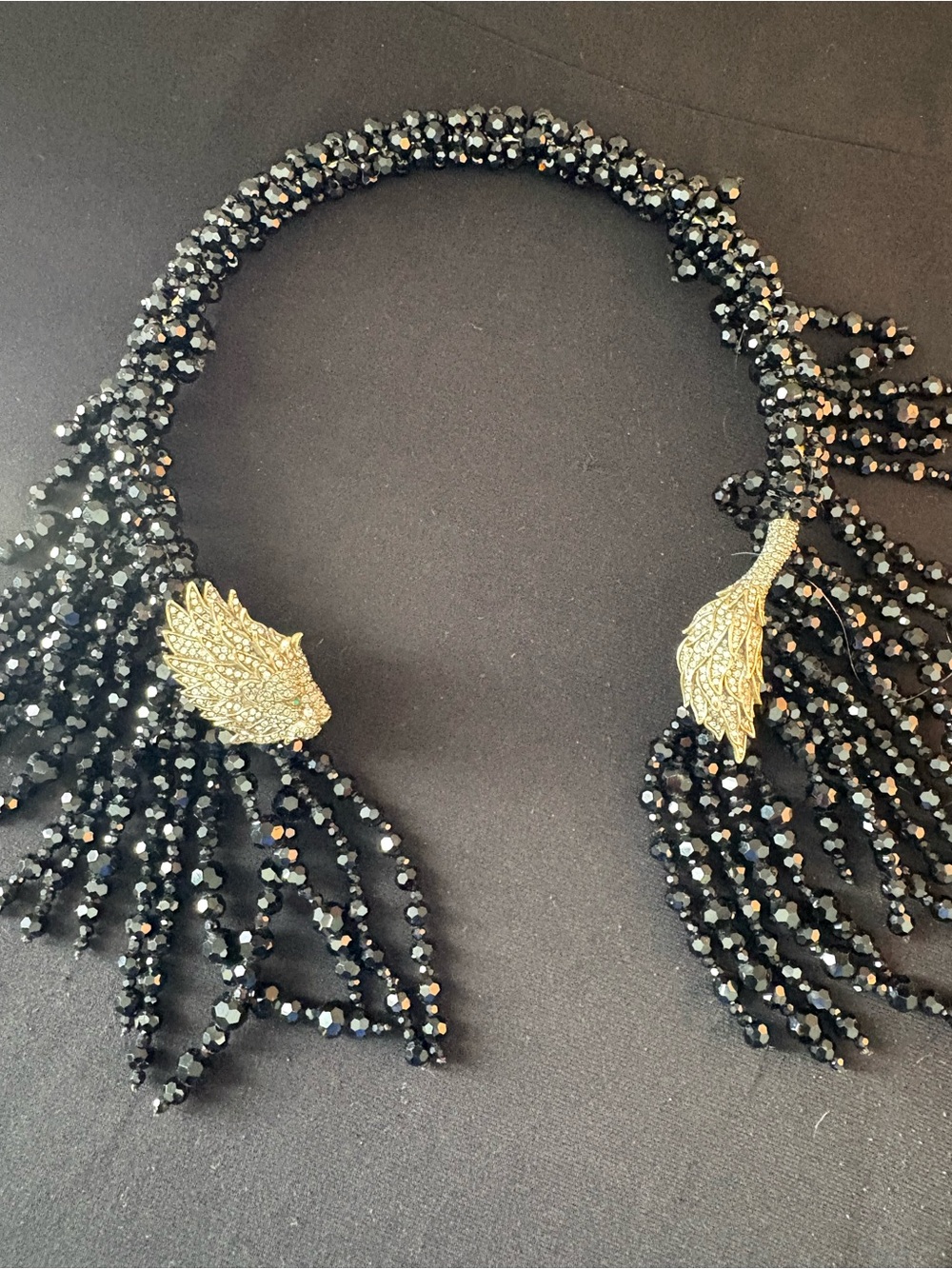 Black Beaded Fringe Necklace with Gold Wing Accents